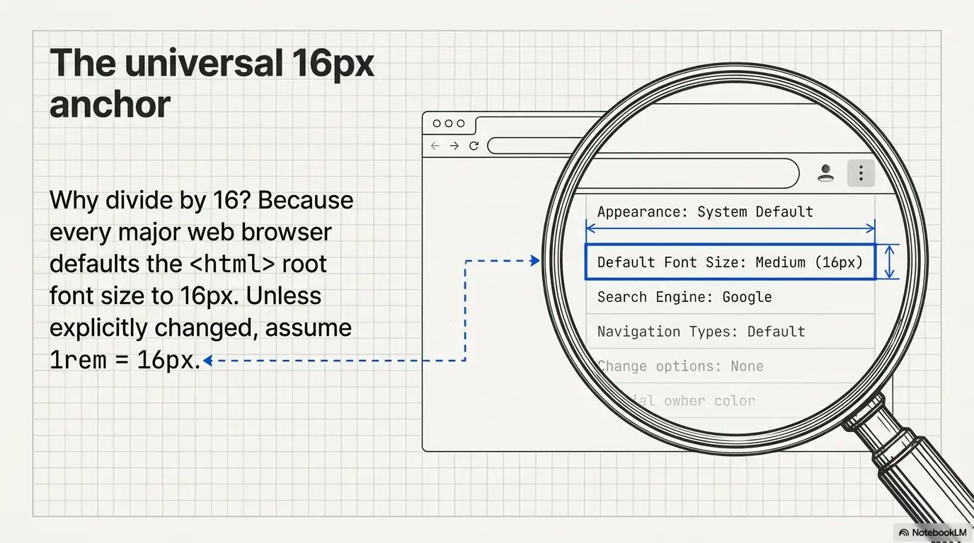 Explanation of the universal 16px browser root font size