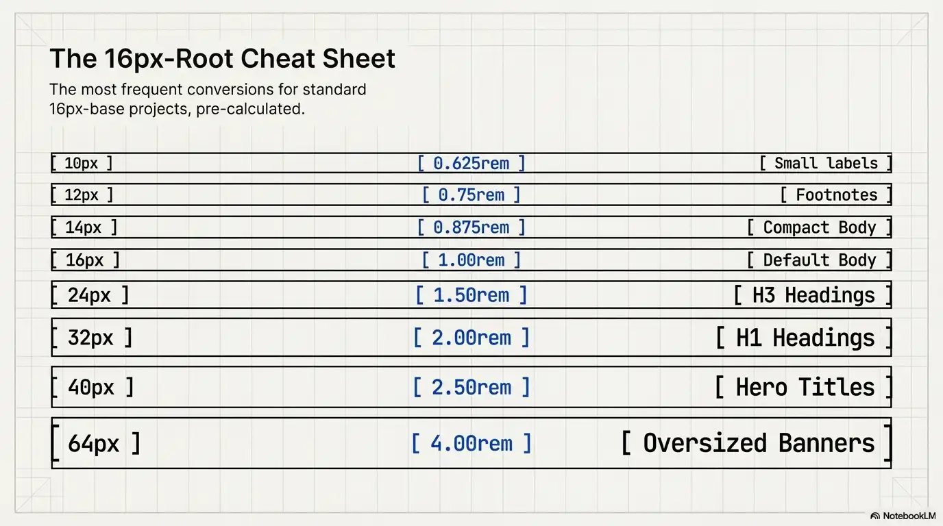 The 16px-Root Cheat Sheet for common pixel to rem conversions
